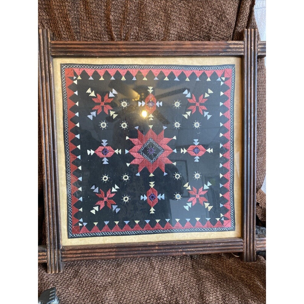 Embroidery Textile Shisha Banjara Art India Original Framed Vintage 22"x22"